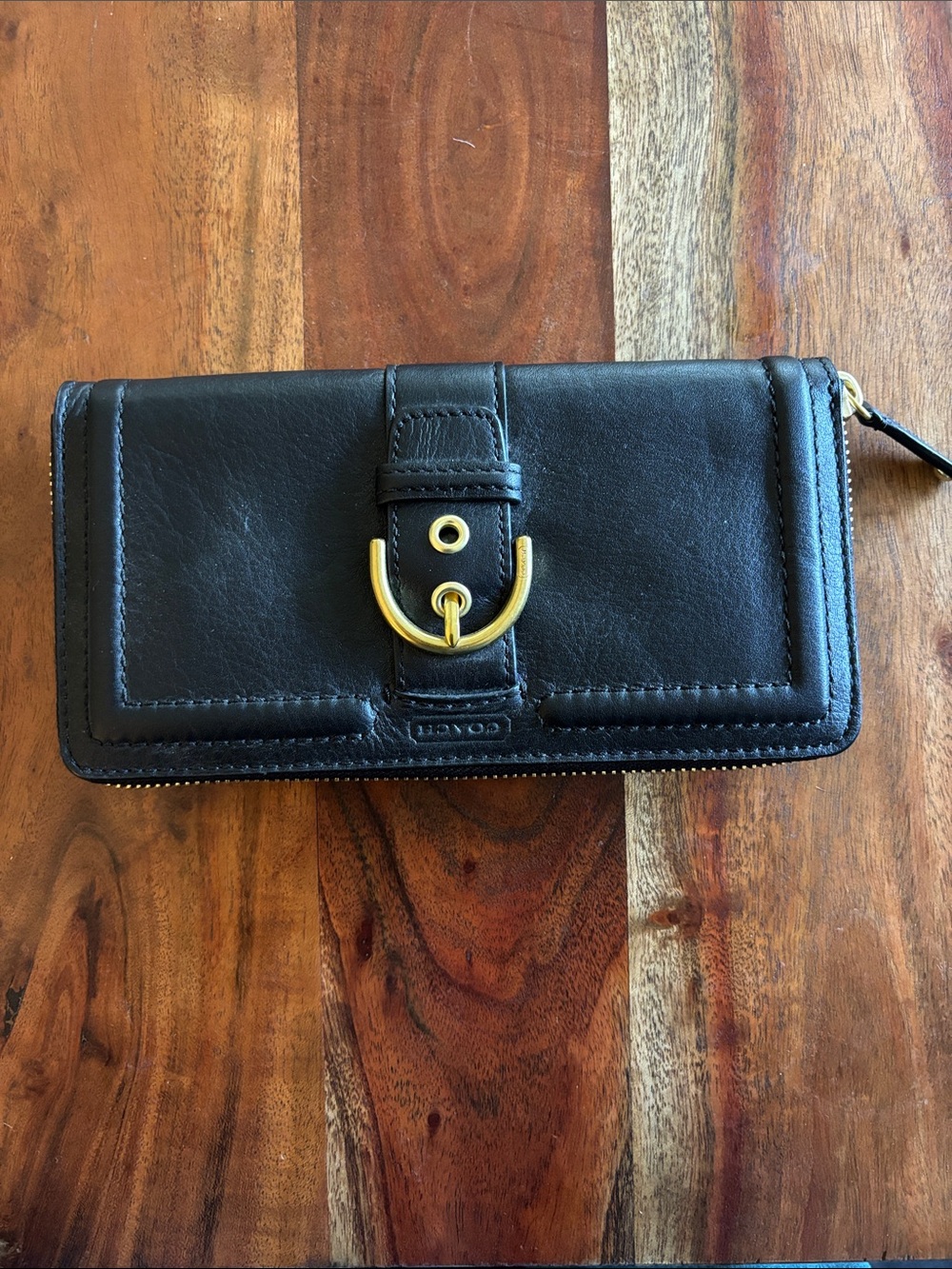 Coach Campbell Black Leather Wallet with Gold Buckle Accent